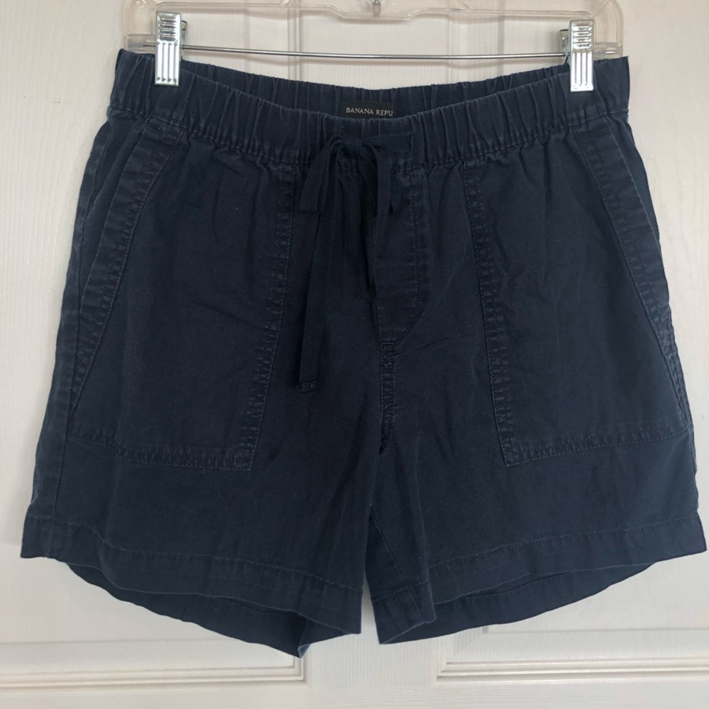 Banana Republic linen blend pull on shorts elastic waist drawstring pockets blue
